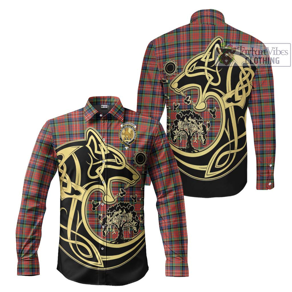 McPherson Ancient Tartan Long Sleeve Button Shirt with Family Crest Celtic Wolf Style Men's Shirt S - Tartan Vibes Clothing