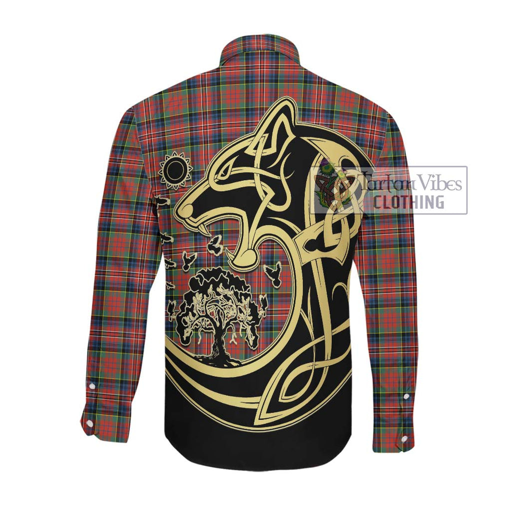 McPherson Ancient Tartan Long Sleeve Button Shirt with Family Crest Celtic Wolf Style Men's Shirt - Tartan Vibes Clothing