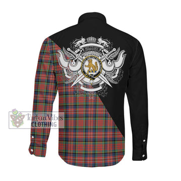 McPherson Ancient Tartan Long Sleeve Button Shirt with Family Crest and Military Logo Style Men's Shirt - Tartanvibesclothing Shop