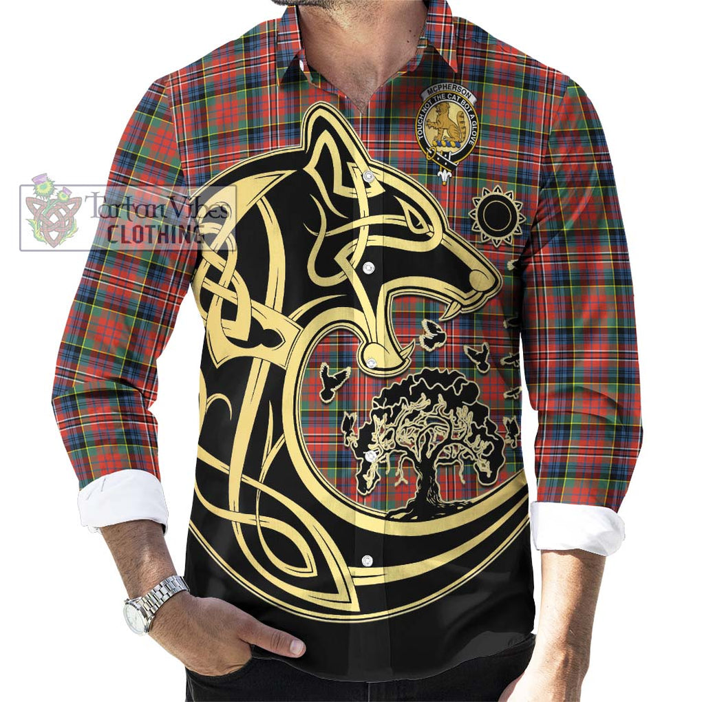 McPherson Ancient Tartan Long Sleeve Button Shirt with Family Crest Celtic Wolf Style - Tartan Vibes Clothing