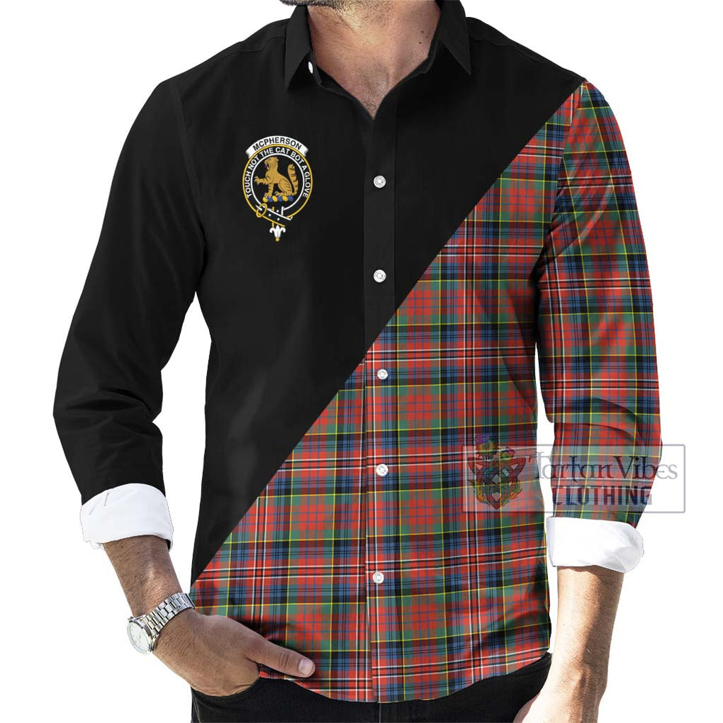 McPherson Ancient Tartan Long Sleeve Button Shirt with Family Crest and Military Logo Style - Tartanvibesclothing Shop