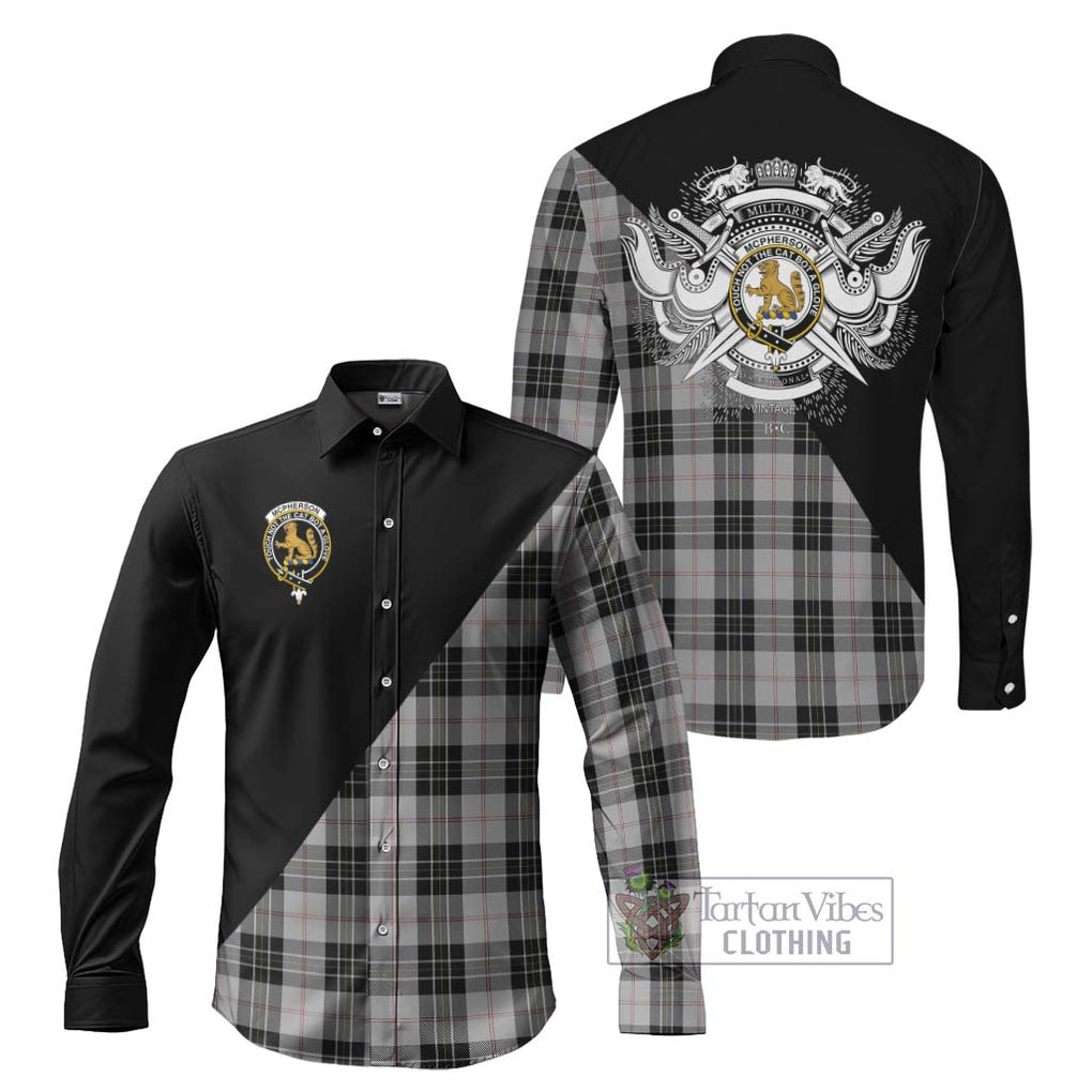 McPherson Dress Tartan Long Sleeve Button Shirt with Family Crest and Military Logo Style Men's Shirt S - Tartanvibesclothing Shop
