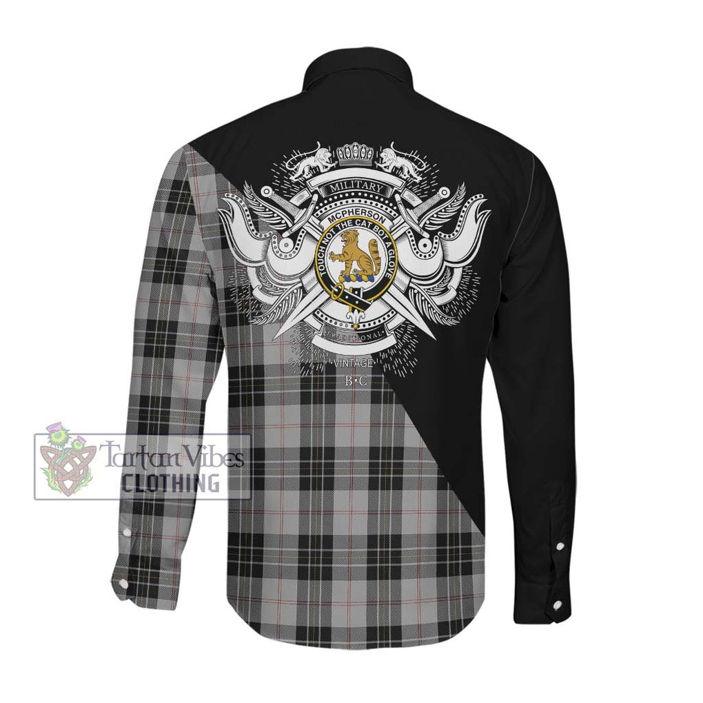 McPherson Dress Tartan Long Sleeve Button Shirt with Family Crest and Military Logo Style Men's Shirt - Tartanvibesclothing Shop