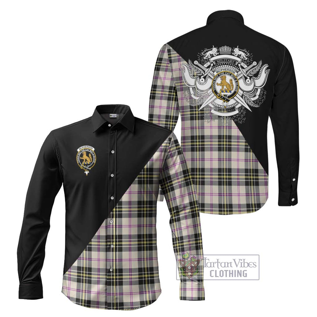 McPherson Dress Ancient Tartan Long Sleeve Button Shirt with Family Crest and Military Logo Style Men's Shirt S - Tartanvibesclothing Shop