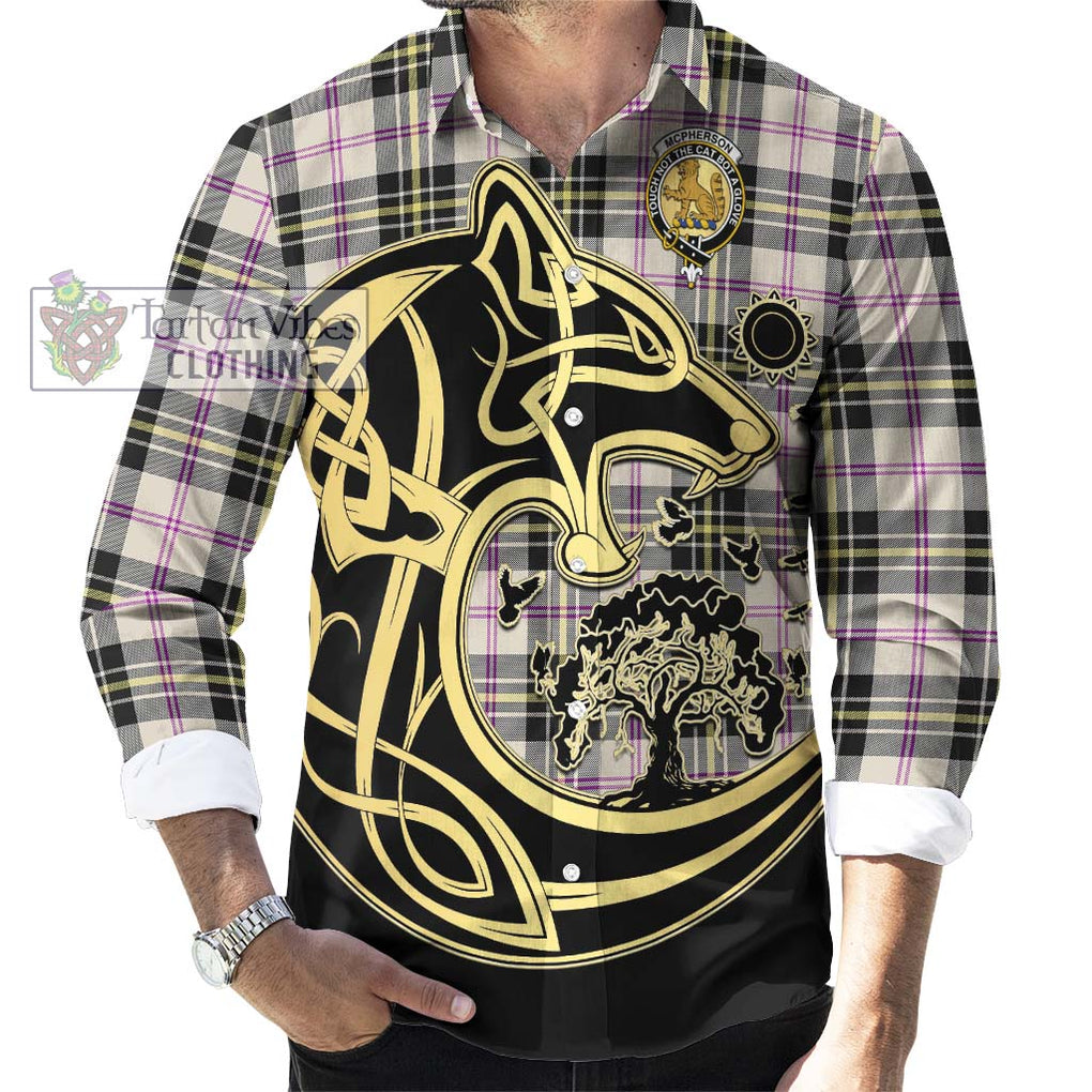 McPherson Dress Ancient Tartan Long Sleeve Button Shirt with Family Crest Celtic Wolf Style - Tartan Vibes Clothing