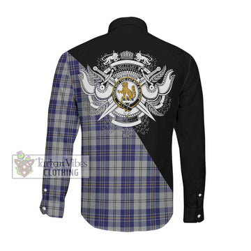 McPherson Dress Blue Tartan Long Sleeve Button Shirt with Family Crest and Military Logo Style Men's Shirt - Tartanvibesclothing Shop
