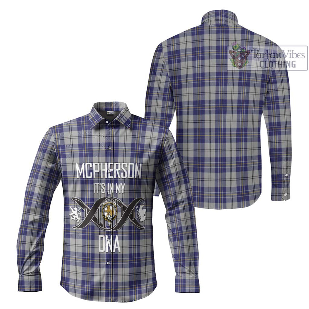 McPherson Dress Blue Tartan Long Sleeve Button Shirt with Family Crest DNA In Me Style Men's Shirt - Tartanvibesclothing Shop