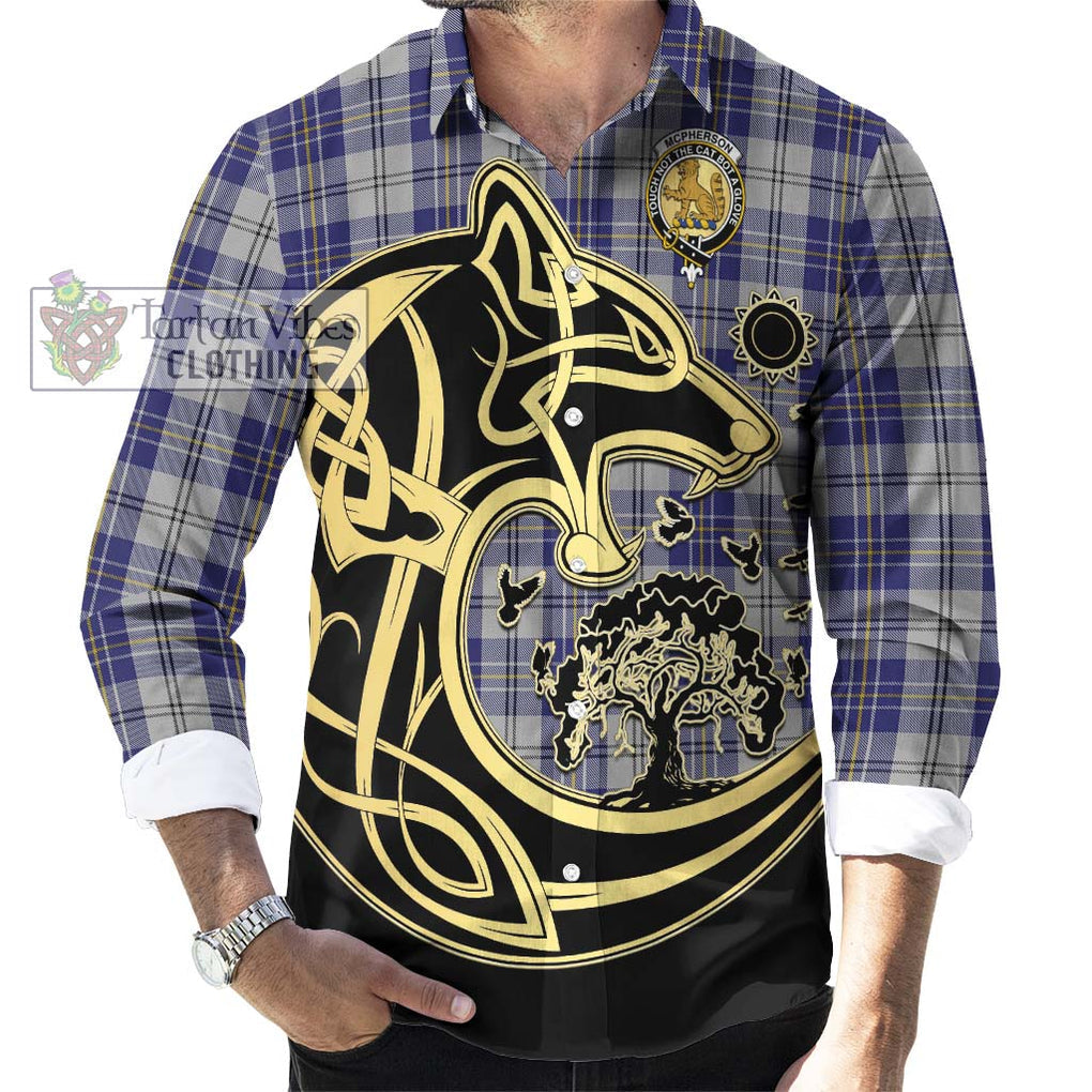 McPherson Dress Blue Tartan Long Sleeve Button Shirt with Family Crest Celtic Wolf Style - Tartan Vibes Clothing