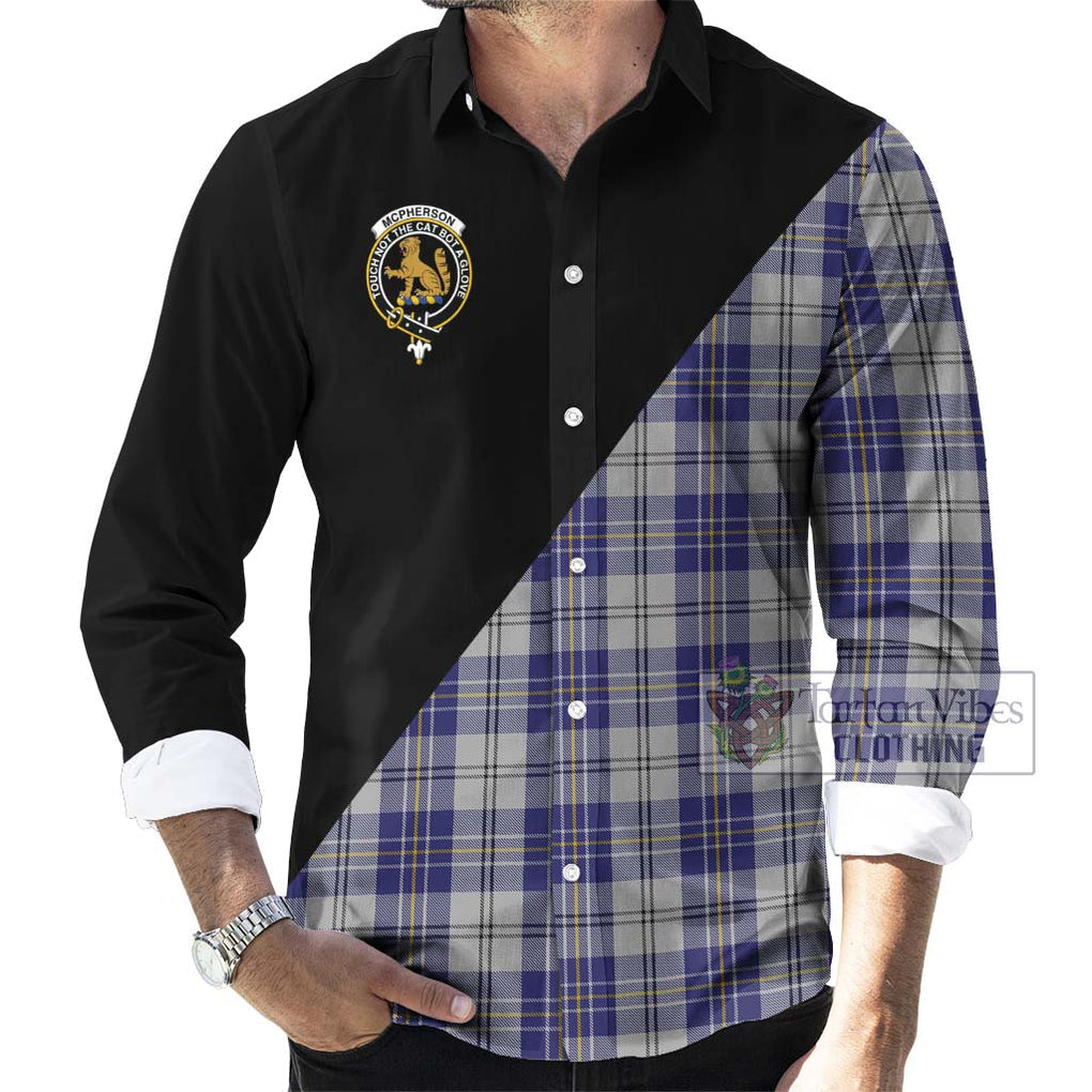 McPherson Dress Blue Tartan Long Sleeve Button Shirt with Family Crest and Military Logo Style - Tartanvibesclothing Shop