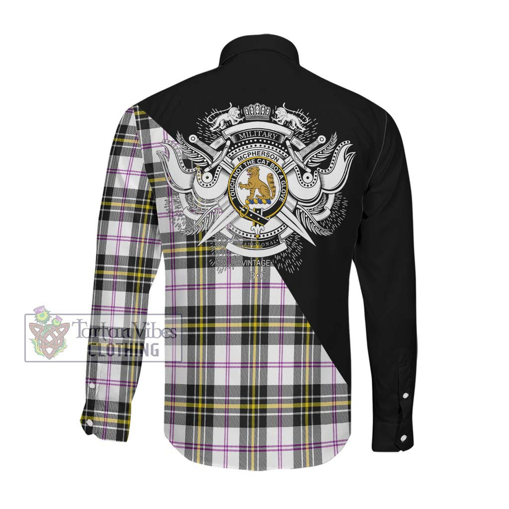 McPherson Dress Modern Tartan Long Sleeve Button Shirt with Family Crest and Military Logo Style Men's Shirt - Tartanvibesclothing Shop