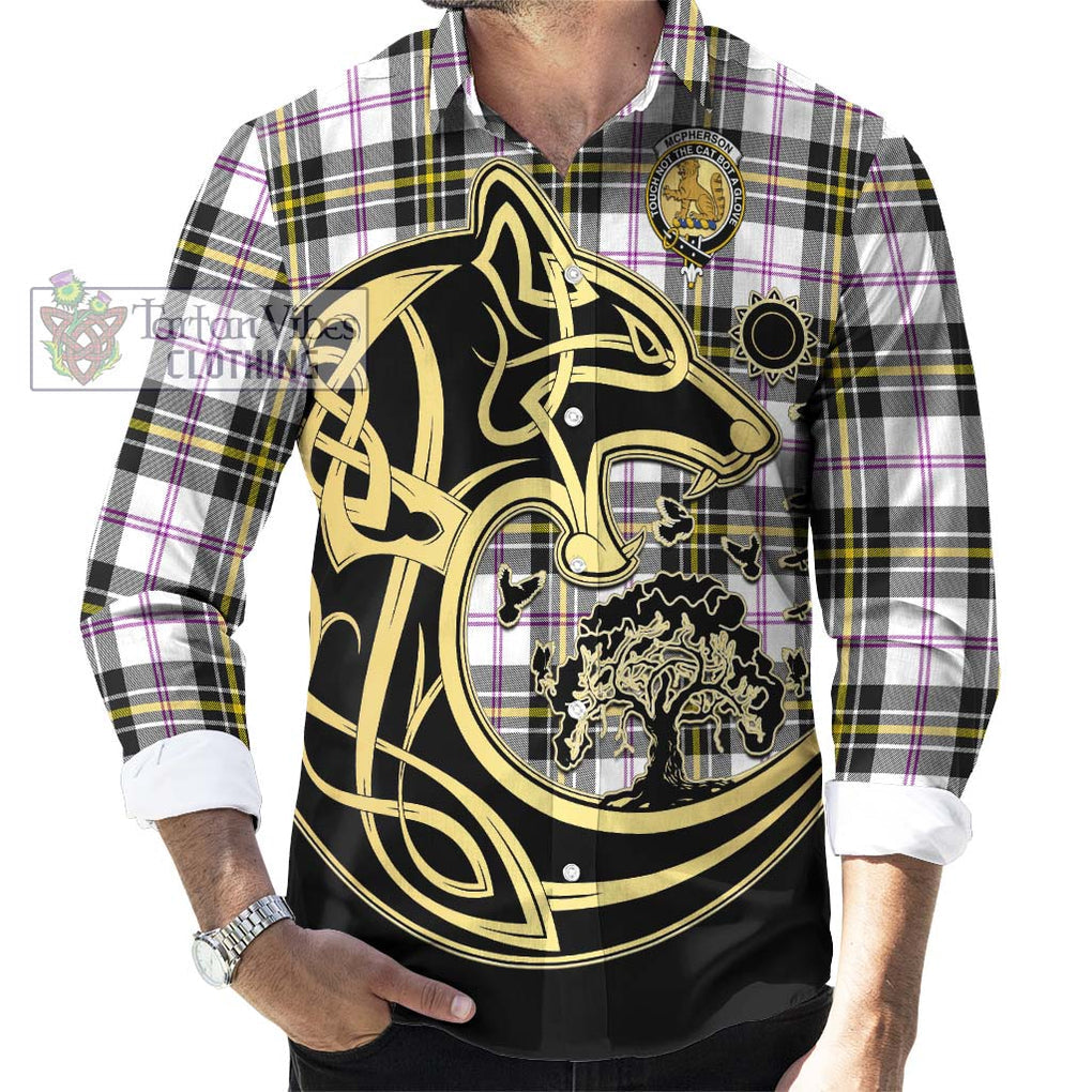 McPherson Dress Modern Tartan Long Sleeve Button Shirt with Family Crest Celtic Wolf Style - Tartan Vibes Clothing
