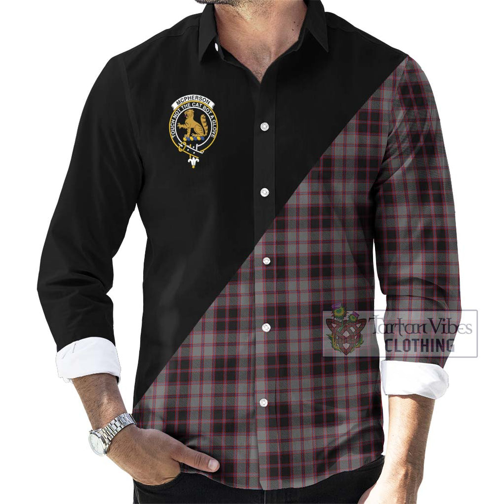 McPherson Hunting Tartan Long Sleeve Button Shirt with Family Crest and Military Logo Style - Tartanvibesclothing Shop