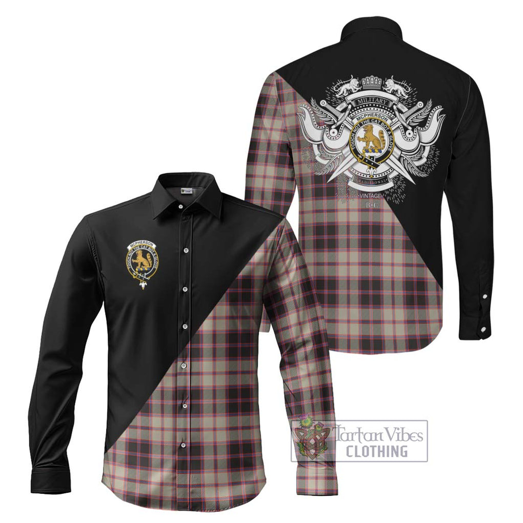 McPherson Hunting Ancient Tartan Long Sleeve Button Shirt with Family Crest and Military Logo Style Men's Shirt S - Tartanvibesclothing Shop