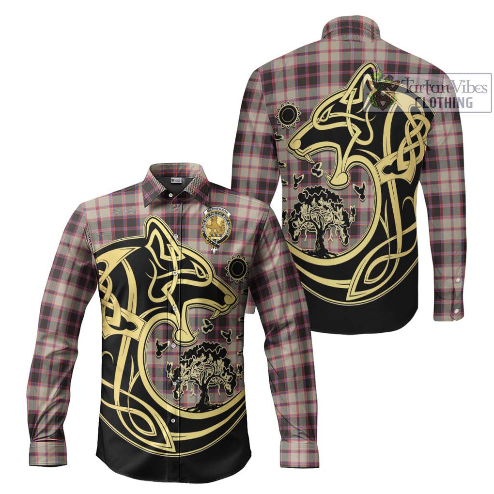 McPherson Hunting Ancient Tartan Long Sleeve Button Shirt with Family Crest Celtic Wolf Style Men's Shirt S - Tartan Vibes Clothing