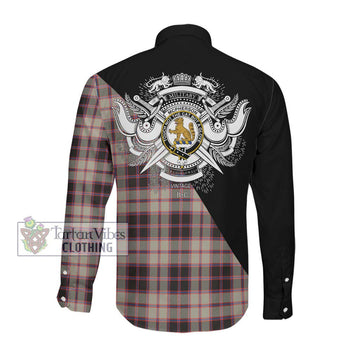 McPherson Hunting Ancient Tartan Long Sleeve Button Shirt with Family Crest and Military Logo Style Men's Shirt - Tartanvibesclothing Shop