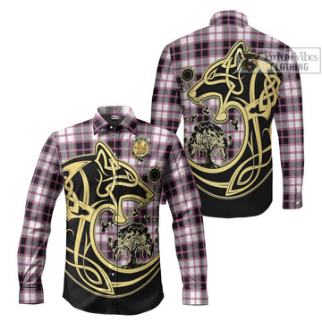 McPherson Hunting Modern Tartan Long Sleeve Button Shirt with Family Crest Celtic Wolf Style Men's Shirt S - Tartan Vibes Clothing