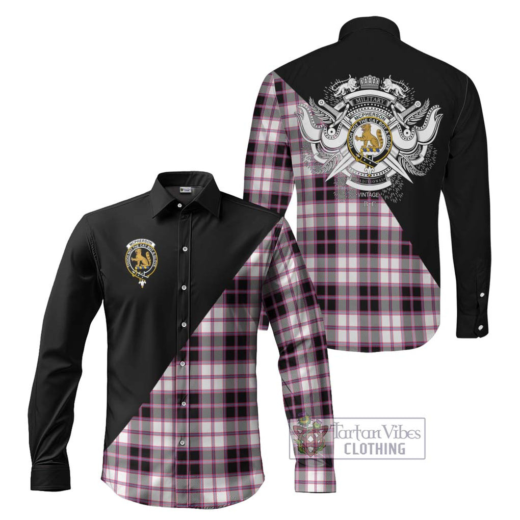 McPherson Hunting Modern Tartan Long Sleeve Button Shirt with Family Crest and Military Logo Style Men's Shirt S - Tartanvibesclothing Shop
