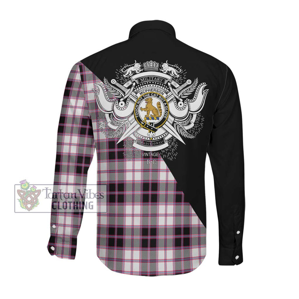 McPherson Hunting Modern Tartan Long Sleeve Button Shirt with Family Crest and Military Logo Style Men's Shirt - Tartanvibesclothing Shop