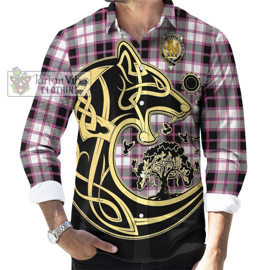 McPherson Hunting Modern Tartan Long Sleeve Button Shirt with Family Crest Celtic Wolf Style - Tartan Vibes Clothing