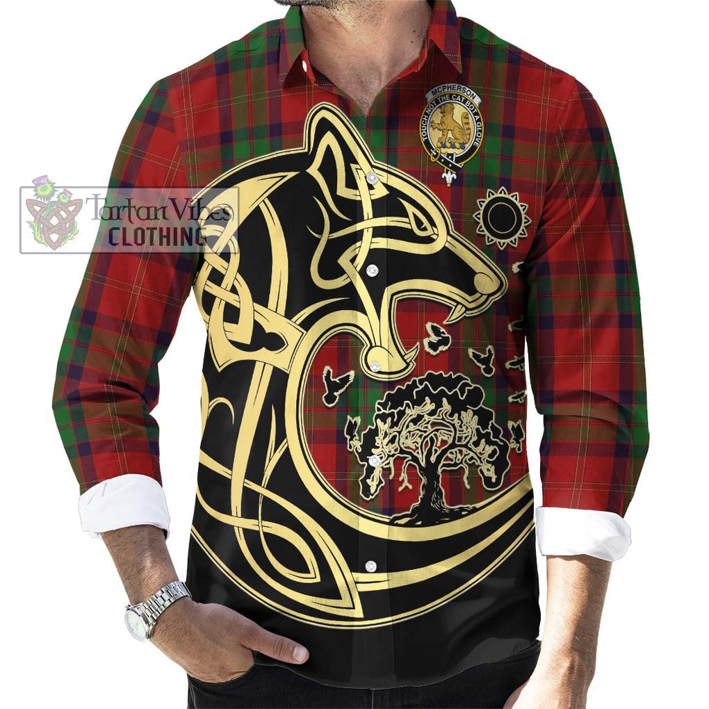 McPherson of Cluny Tartan Long Sleeve Button Shirt with Family Crest Celtic Wolf Style - Tartan Vibes Clothing