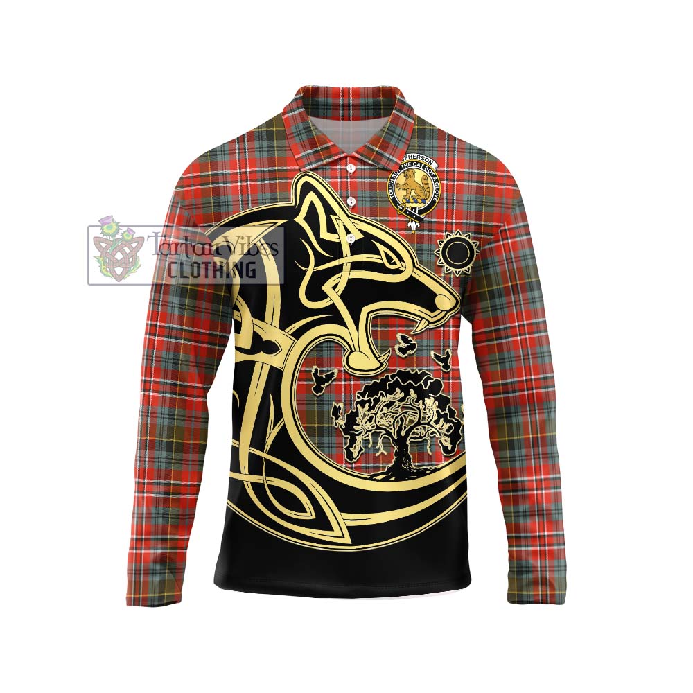 McPherson Weathered Tartan Long Sleeve Polo Shirt with Family Crest Celtic Wolf Style Unisex - Tartan Vibes Clothing