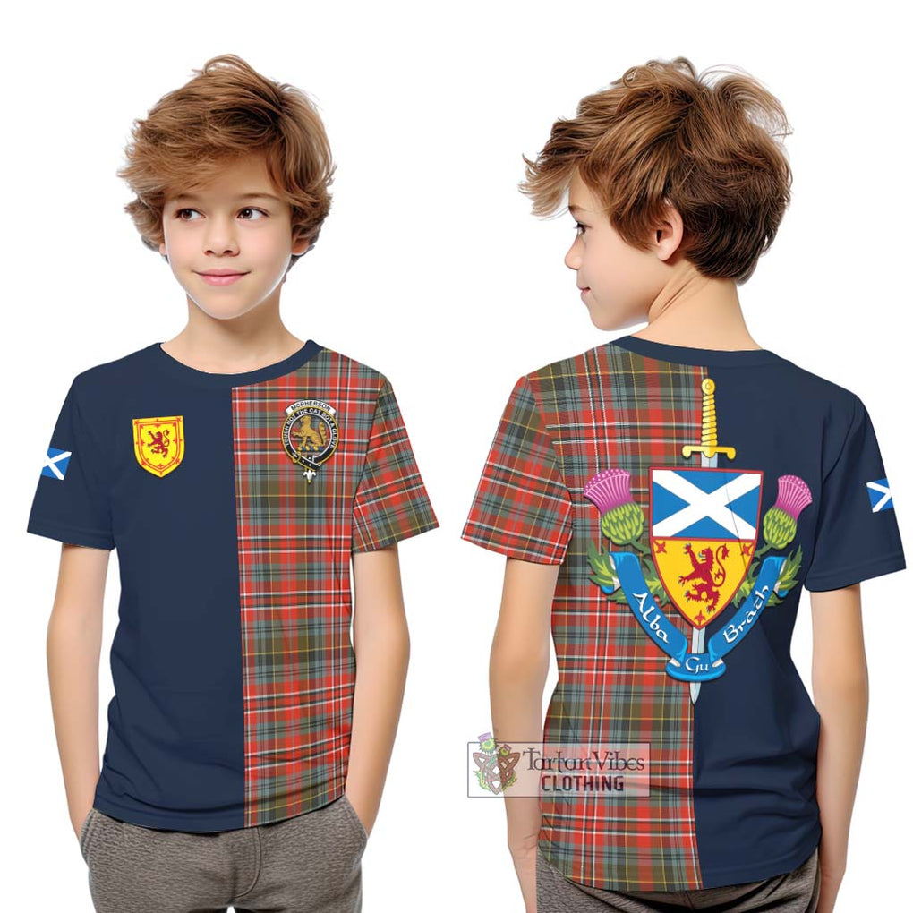 McPherson Weathered Tartan Kid T-Shirt Alba with Scottish Lion Royal Arm Half Style Youth XL Size14 - Tartan Vibes Clothing