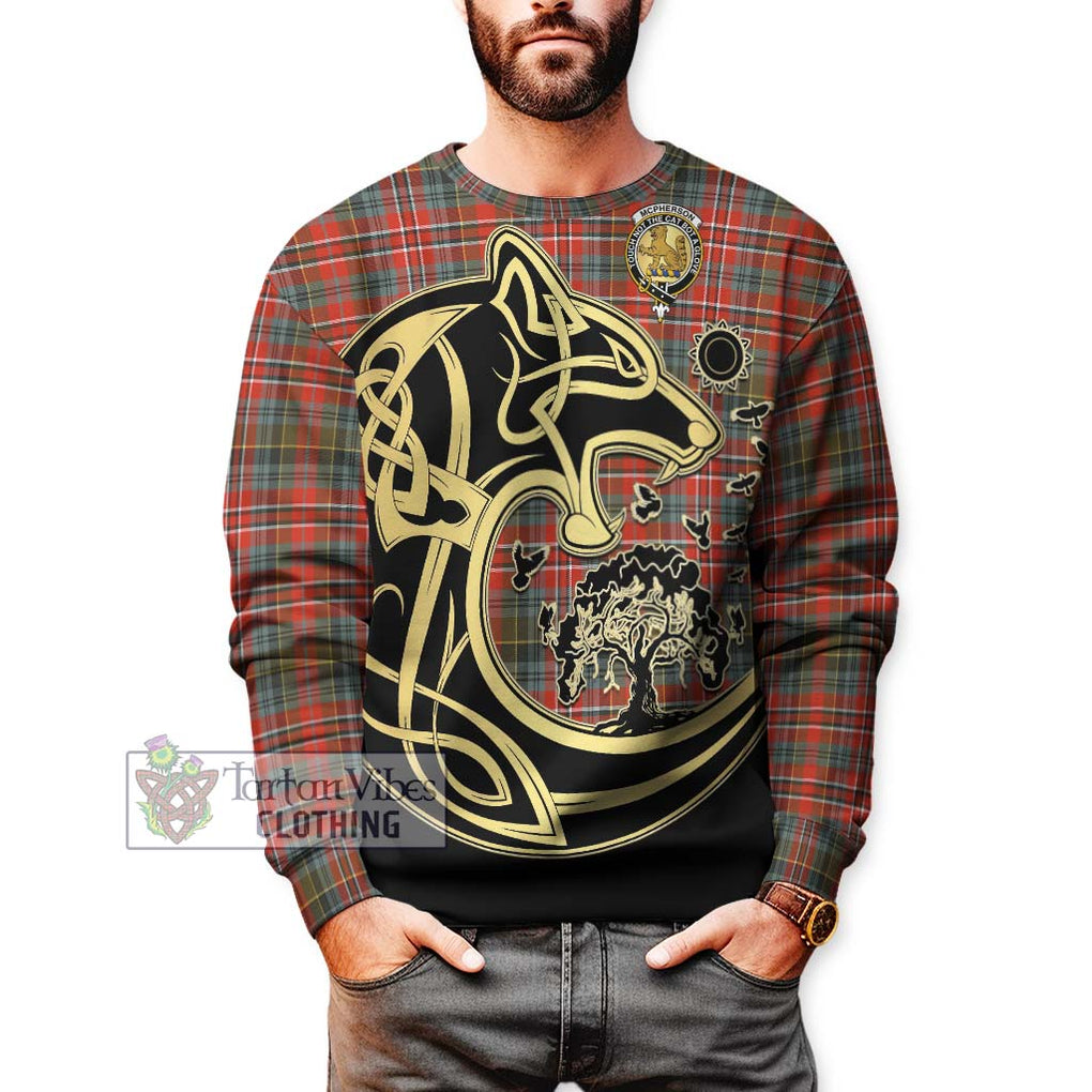 McPherson Weathered Tartan Sweatshirt with Family Crest Celtic Wolf Style Unisex - Tartan Vibes Clothing