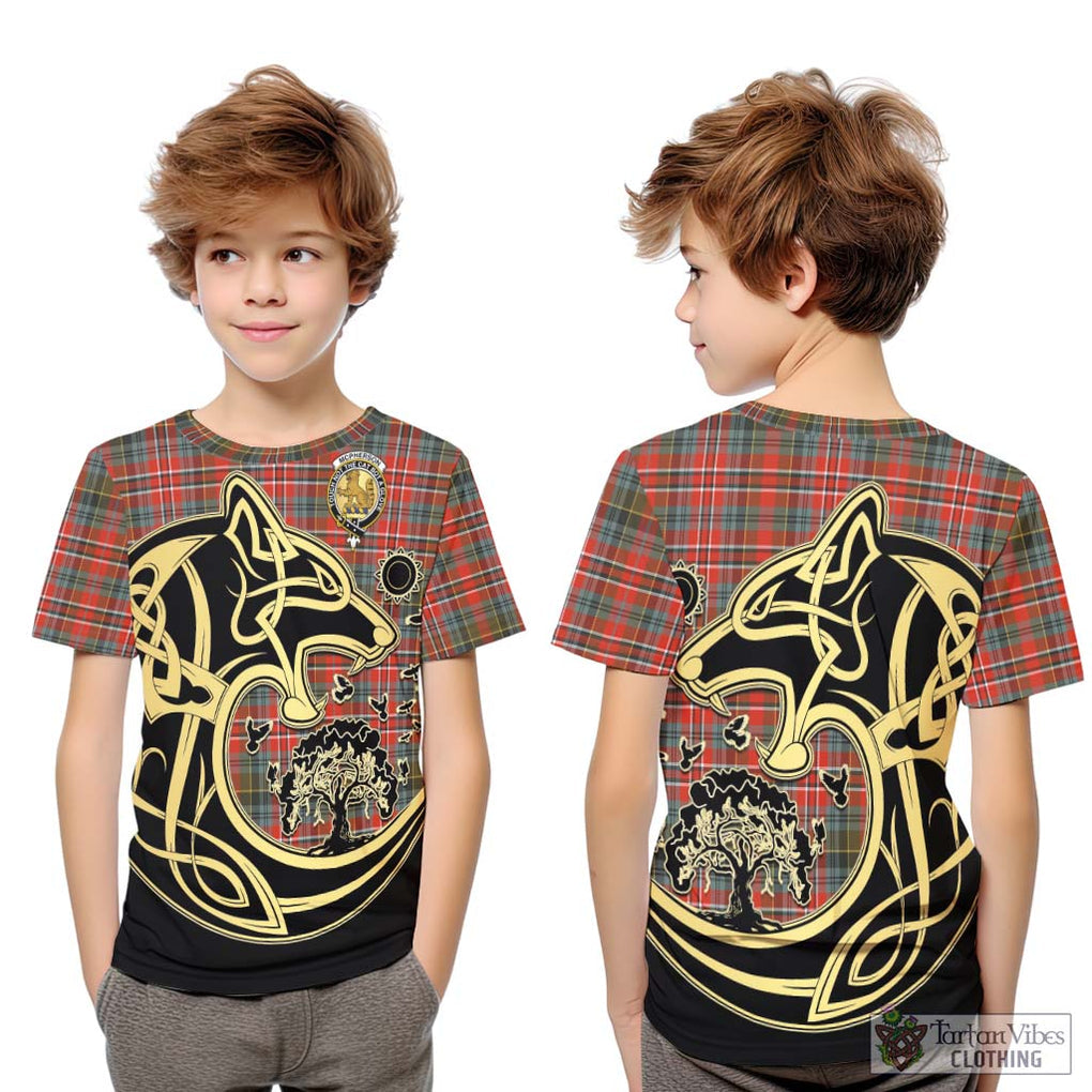 McPherson Weathered Tartan Kid T-Shirt with Family Crest Celtic Wolf Style Youth XL Size14 - Tartan Vibes Clothing
