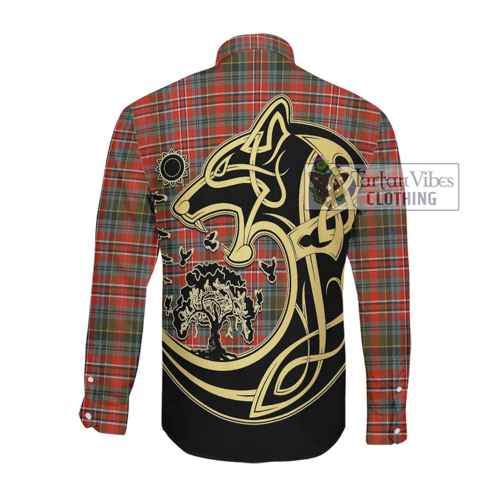 McPherson Weathered Tartan Long Sleeve Button Shirt with Family Crest Celtic Wolf Style Men's Shirt - Tartan Vibes Clothing