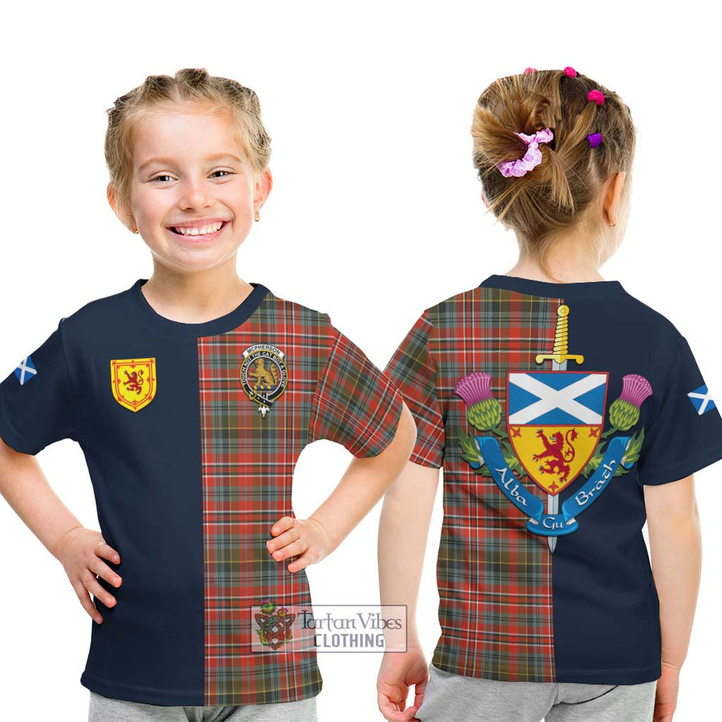 McPherson Weathered Tartan Kid T-Shirt Alba with Scottish Lion Royal Arm Half Style - Tartan Vibes Clothing