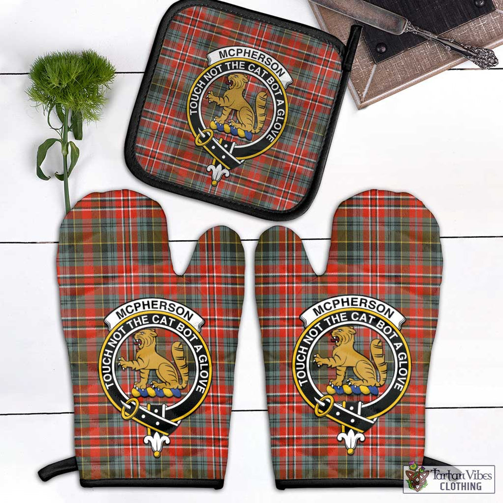 McPherson Weathered Tartan Combo Oven Mitt & Pot-Holder with Family Crest Black - Tartan Vibes Clothing