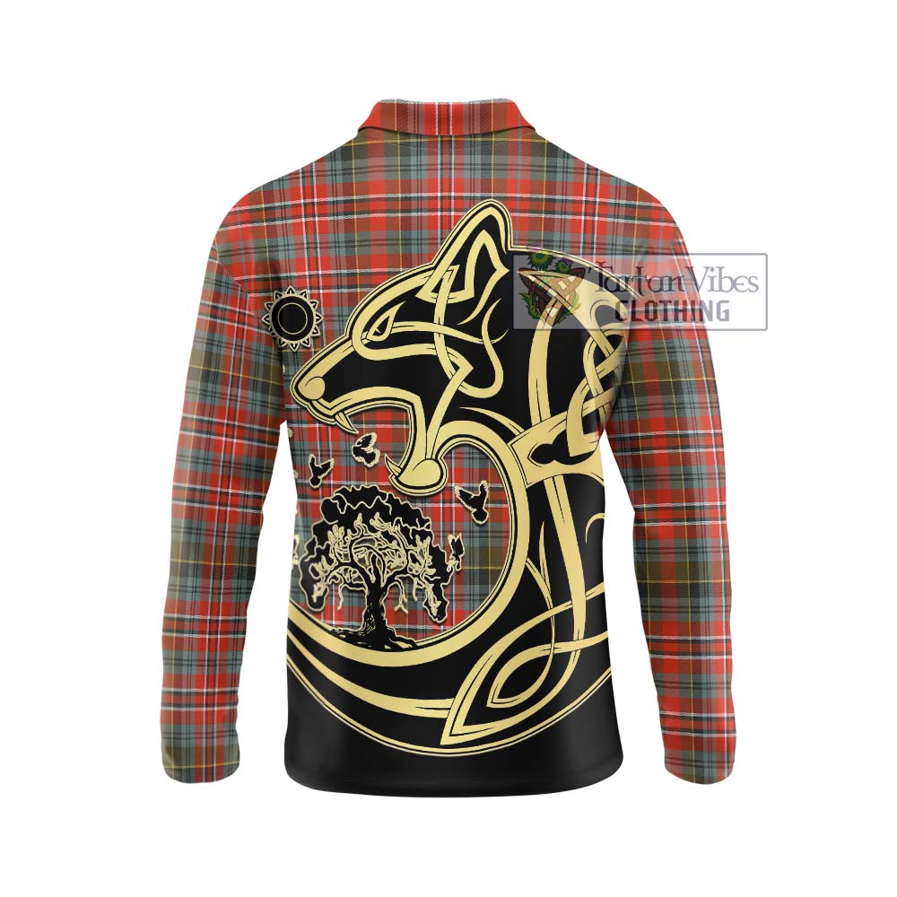 McPherson Weathered Tartan Long Sleeve Polo Shirt with Family Crest Celtic Wolf Style - Tartan Vibes Clothing