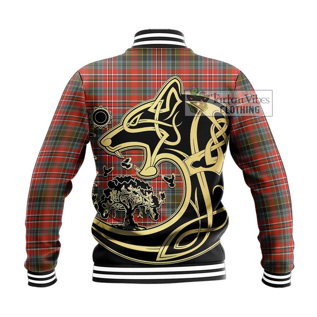 McPherson Weathered Tartan Baseball Jacket with Family Crest Celtic Wolf Style - Tartan Vibes Clothing