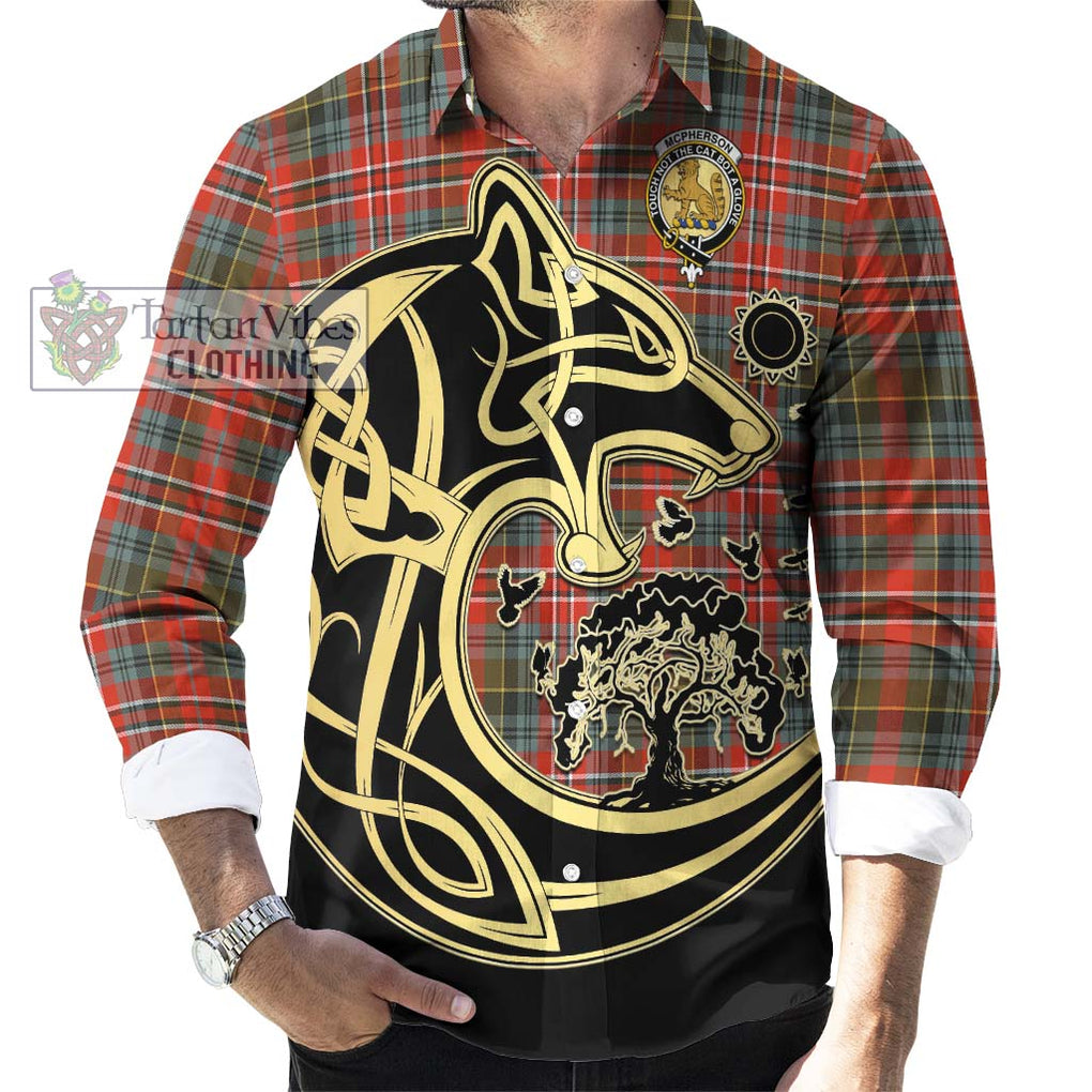 McPherson Weathered Tartan Long Sleeve Button Shirt with Family Crest Celtic Wolf Style - Tartan Vibes Clothing
