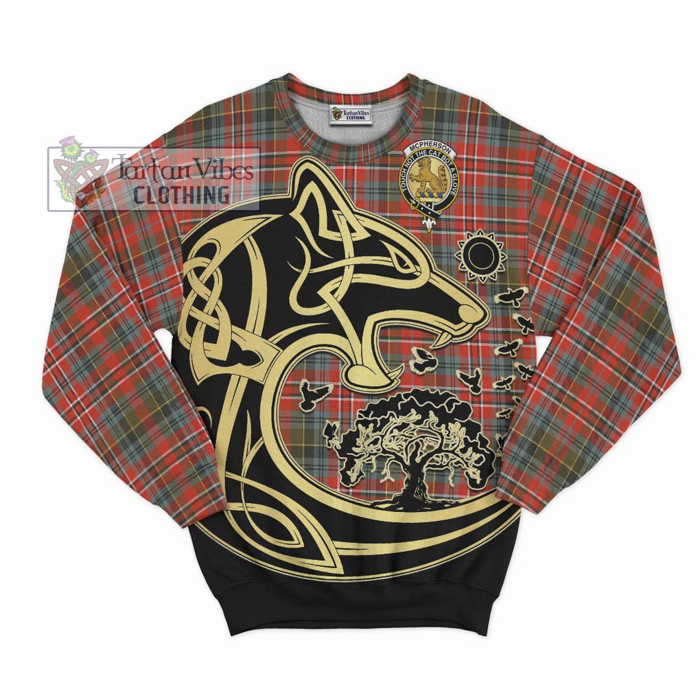McPherson Weathered Tartan Sweatshirt with Family Crest Celtic Wolf Style - Tartan Vibes Clothing