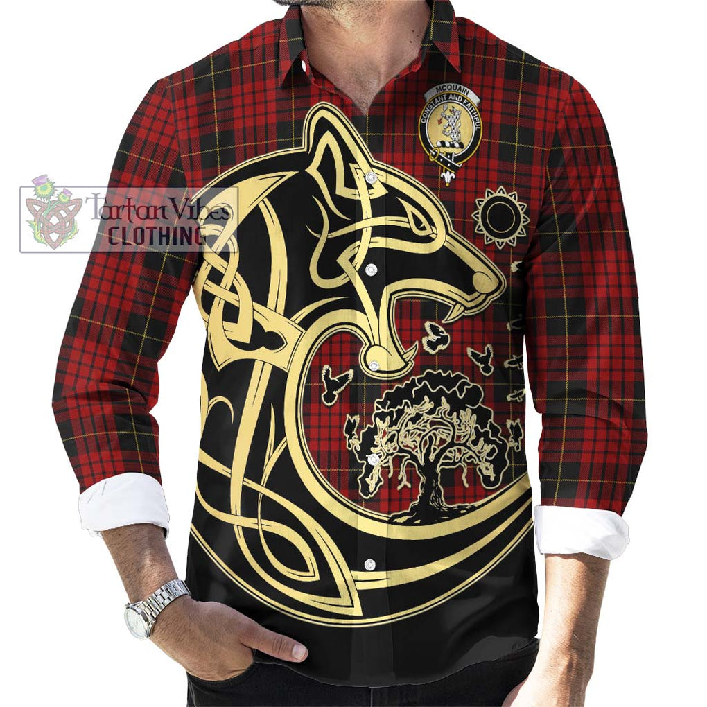 Mcquain Tartan Long Sleeve Button Shirt with Family Crest Celtic Wolf Style - Tartan Vibes Clothing
