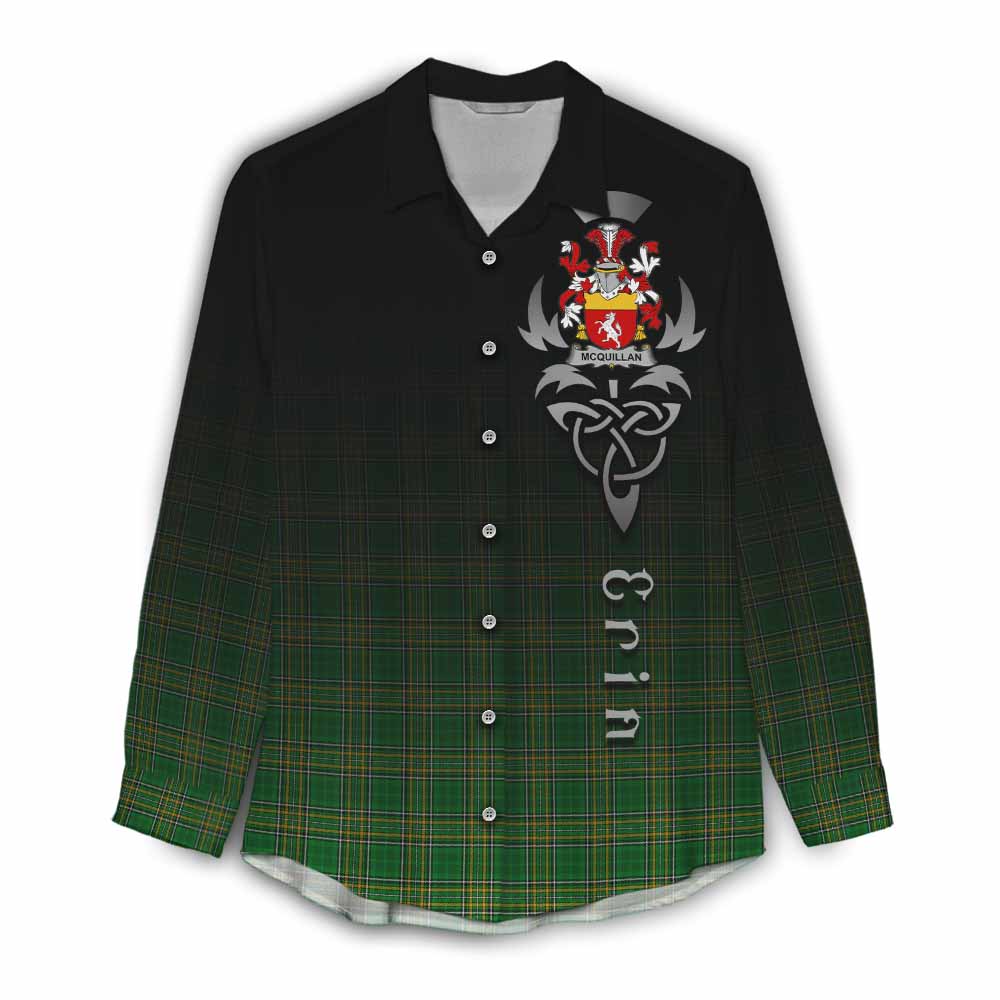 Tartan Vibes Clothing McQuillan Irish Clan Women's Casual Shirt with Coat of Arms Erin Go Bragh Celtic Inspired
