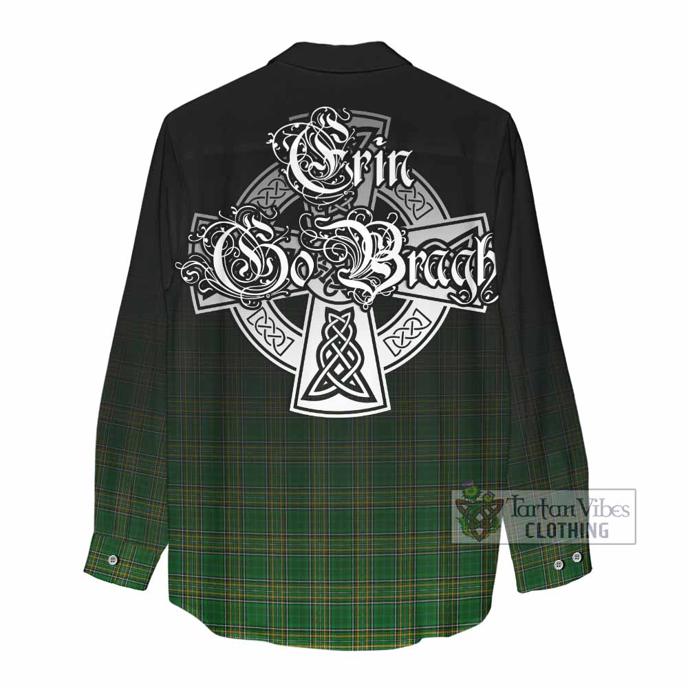 Tartan Vibes Clothing McQuillan Irish Clan Women's Casual Shirt with Coat of Arms Erin Go Bragh Celtic Inspired
