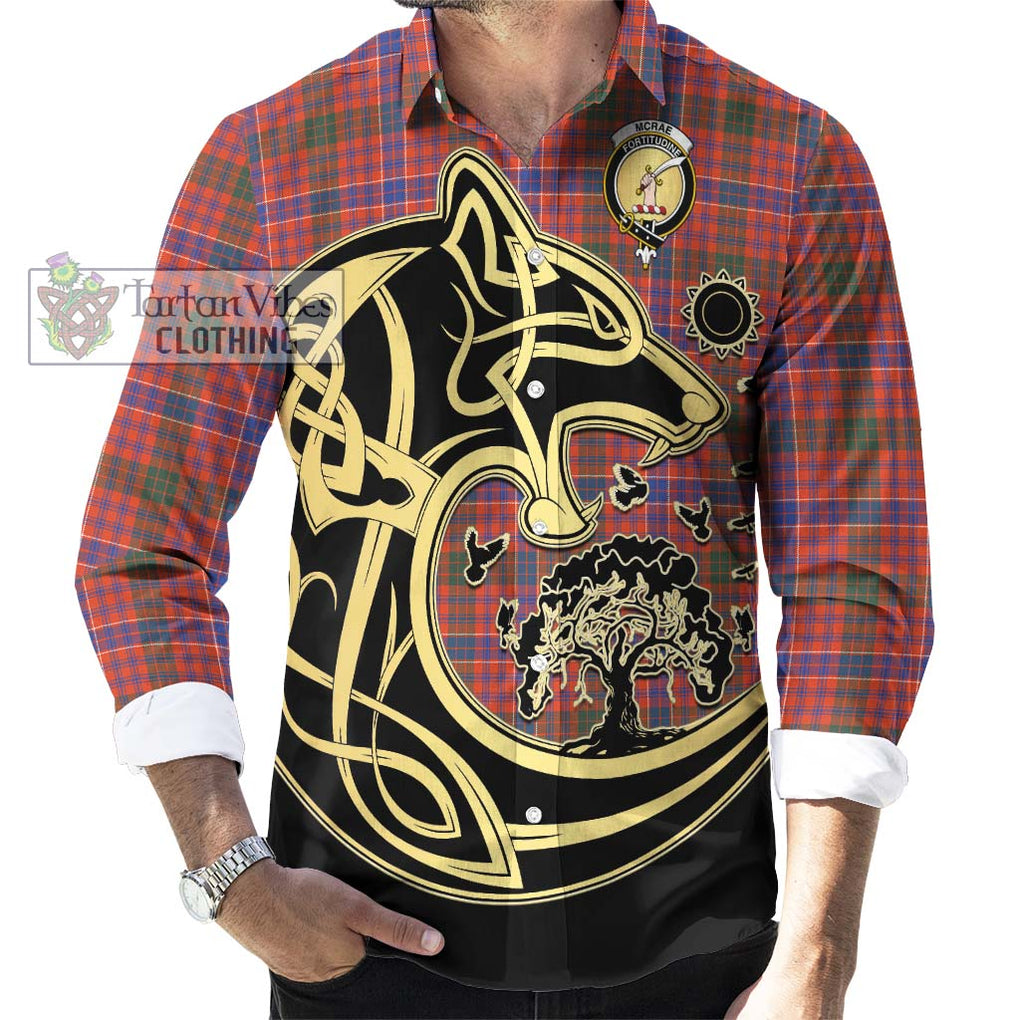 McRae Ancient Tartan Long Sleeve Button Shirt with Family Crest Celtic Wolf Style - Tartan Vibes Clothing