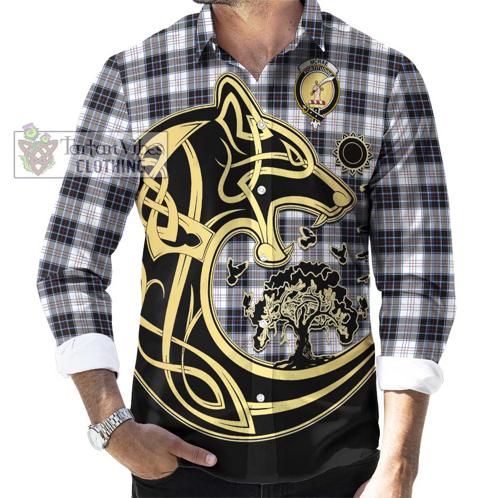 McRae Dress Modern Tartan Long Sleeve Button Shirt with Family Crest Celtic Wolf Style - Tartan Vibes Clothing