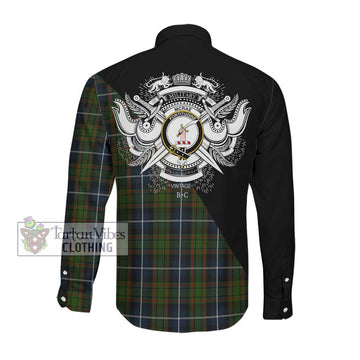 McRae Hunting Tartan Long Sleeve Button Shirt with Family Crest and Military Logo Style Men's Shirt - Tartanvibesclothing Shop