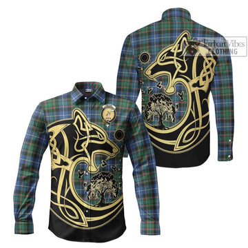 McRae Hunting Ancient Tartan Long Sleeve Button Shirt with Family Crest Celtic Wolf Style Men's Shirt S - Tartan Vibes Clothing
