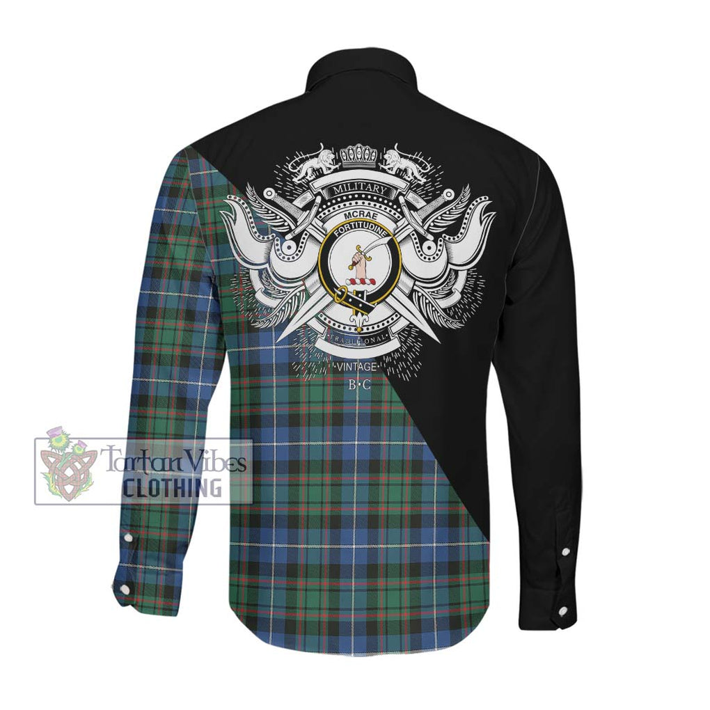McRae Hunting Ancient Tartan Long Sleeve Button Shirt with Family Crest and Military Logo Style Men's Shirt - Tartanvibesclothing Shop