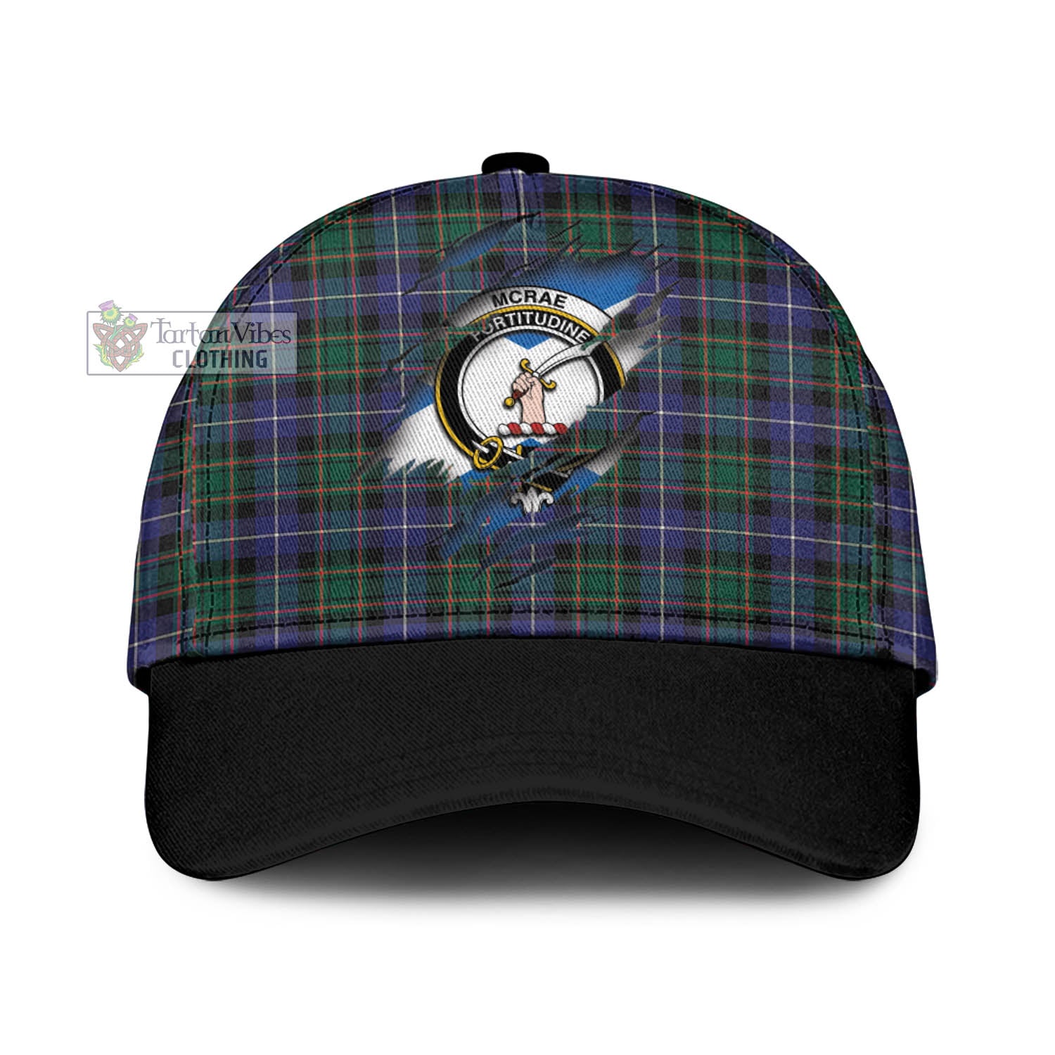 Tartan Vibes Clothing McRae Hunting Modern Tartan Classic Cap with Family Crest In Me Style