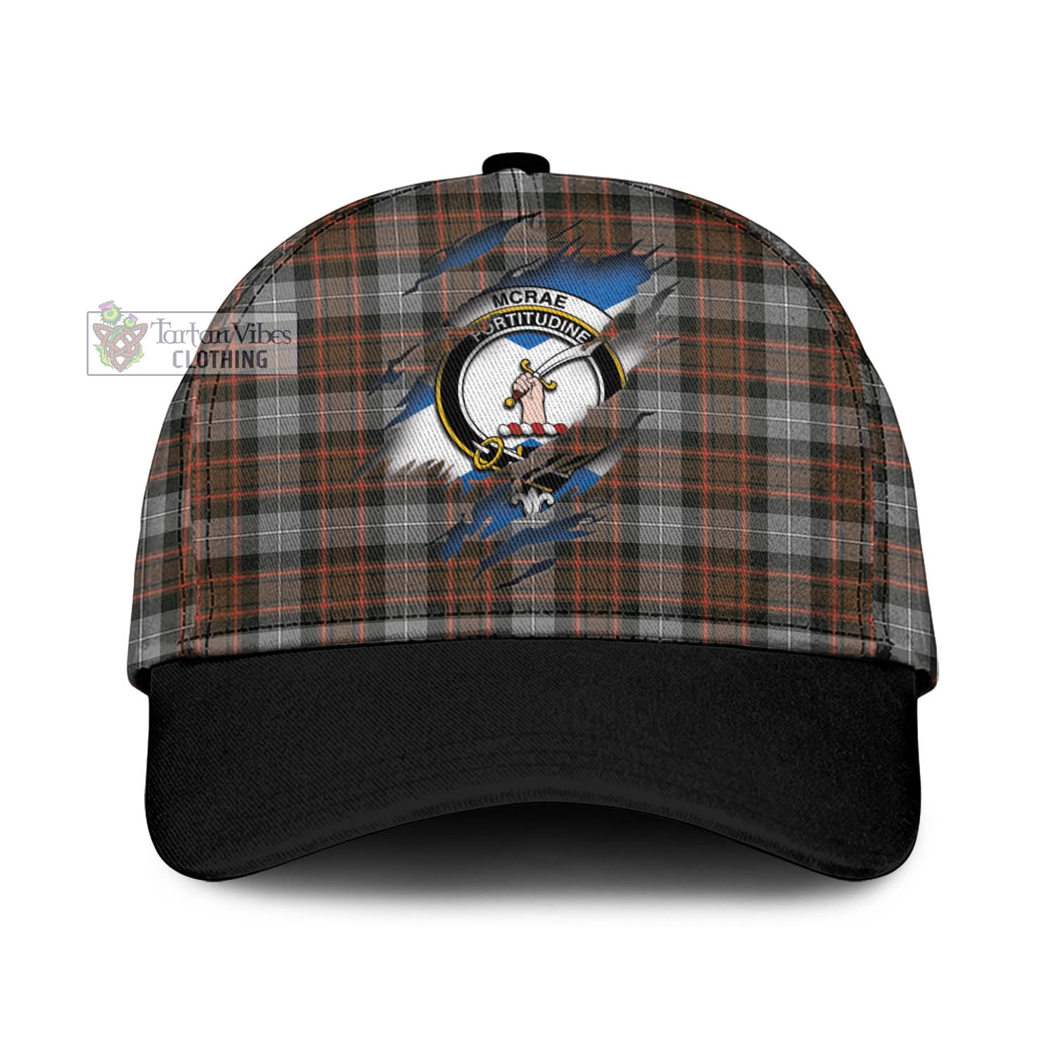 Tartan Vibes Clothing McRae Hunting Weathered Tartan Classic Cap with Family Crest In Me Style