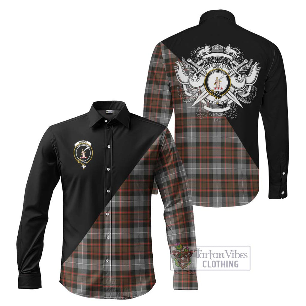 McRae Hunting Weathered Tartan Long Sleeve Button Shirt with Family Crest and Military Logo Style Men's Shirt S - Tartanvibesclothing Shop