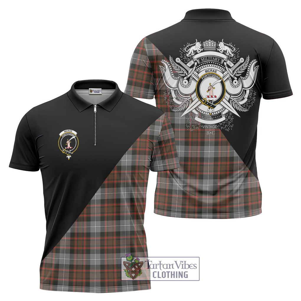 McRae Hunting Weathered Tartan Zipper Polo Shirt with Family Crest and Military Logo Style Unisex - Tartanvibesclothing Shop