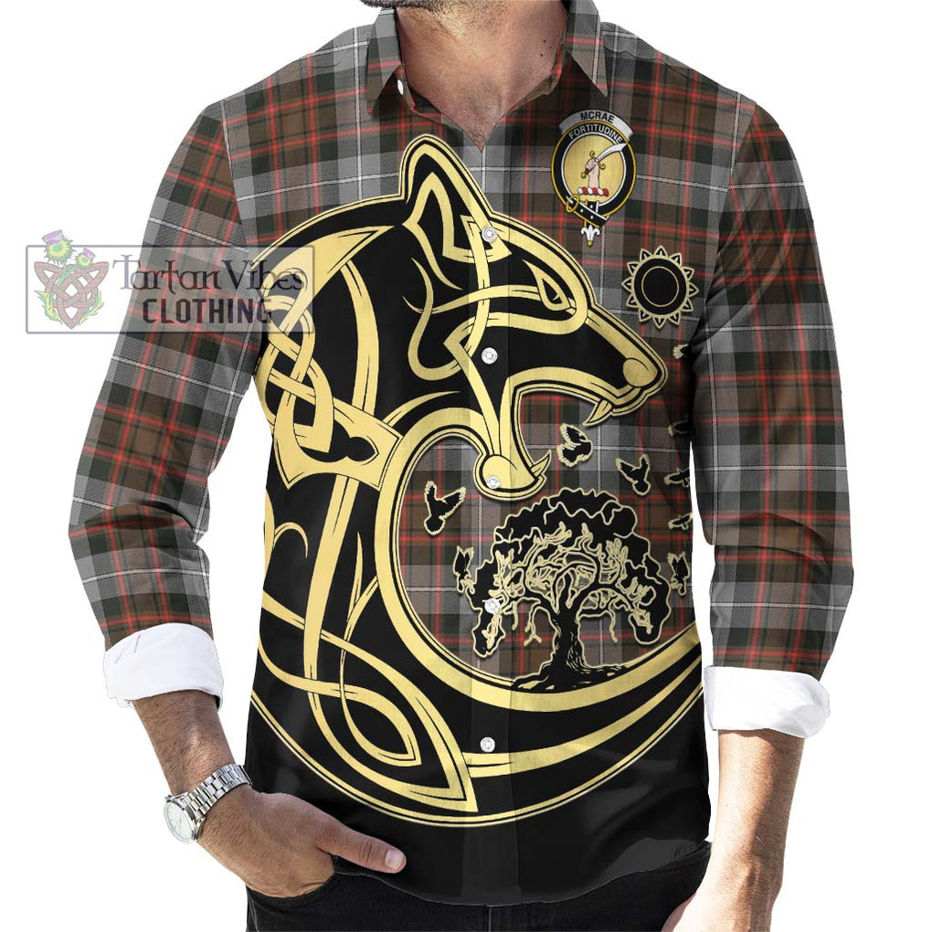 McRae Hunting Weathered Tartan Long Sleeve Button Shirt with Family Crest Celtic Wolf Style - Tartan Vibes Clothing