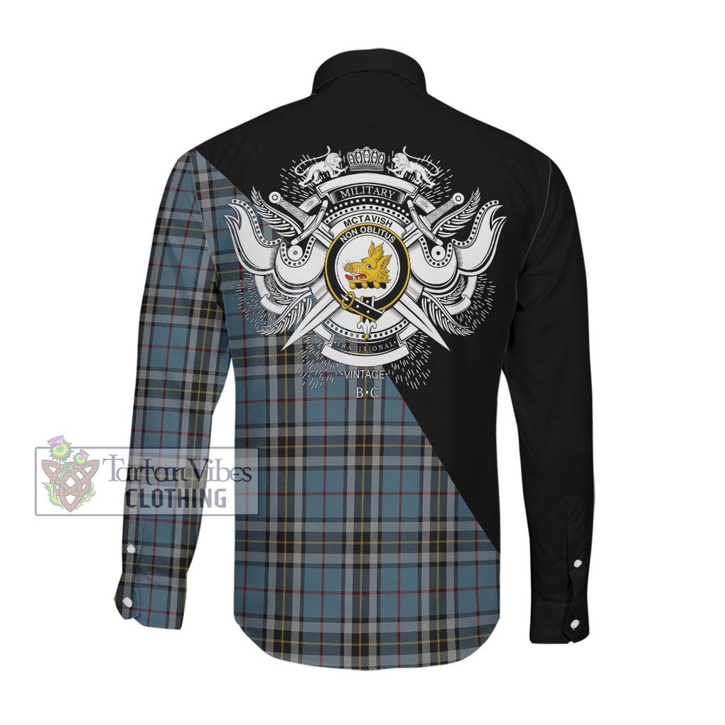 McTavish Dress Tartan Long Sleeve Button Shirt with Family Crest and Military Logo Style Men's Shirt - Tartanvibesclothing Shop