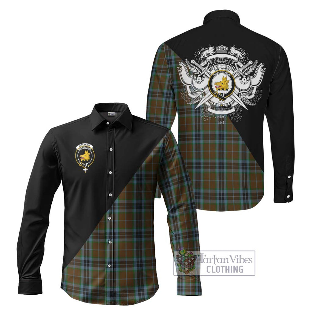 McTavish Hunting Tartan Long Sleeve Button Shirt with Family Crest and Military Logo Style Men's Shirt S - Tartanvibesclothing Shop
